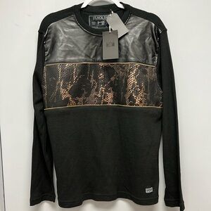 Black Ink Men’s Long Sleeve Faux Leather/Zipper & Metallic Embellished Shirt